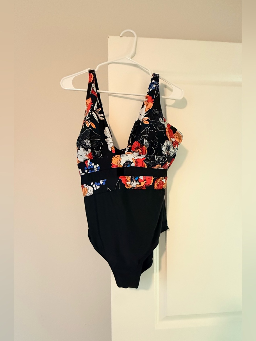 Black One-Piece Swimsuit with Floral Bust